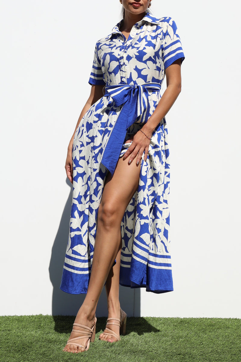 DD7188, PRINTED BUTTON DOWN MIDI DRESSES