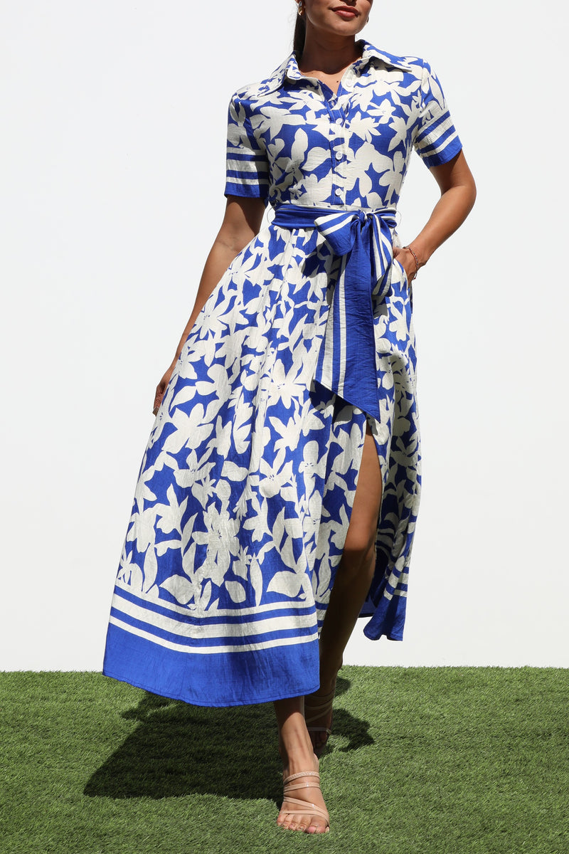 DD7188, PRINTED BUTTON DOWN MIDI DRESSES
