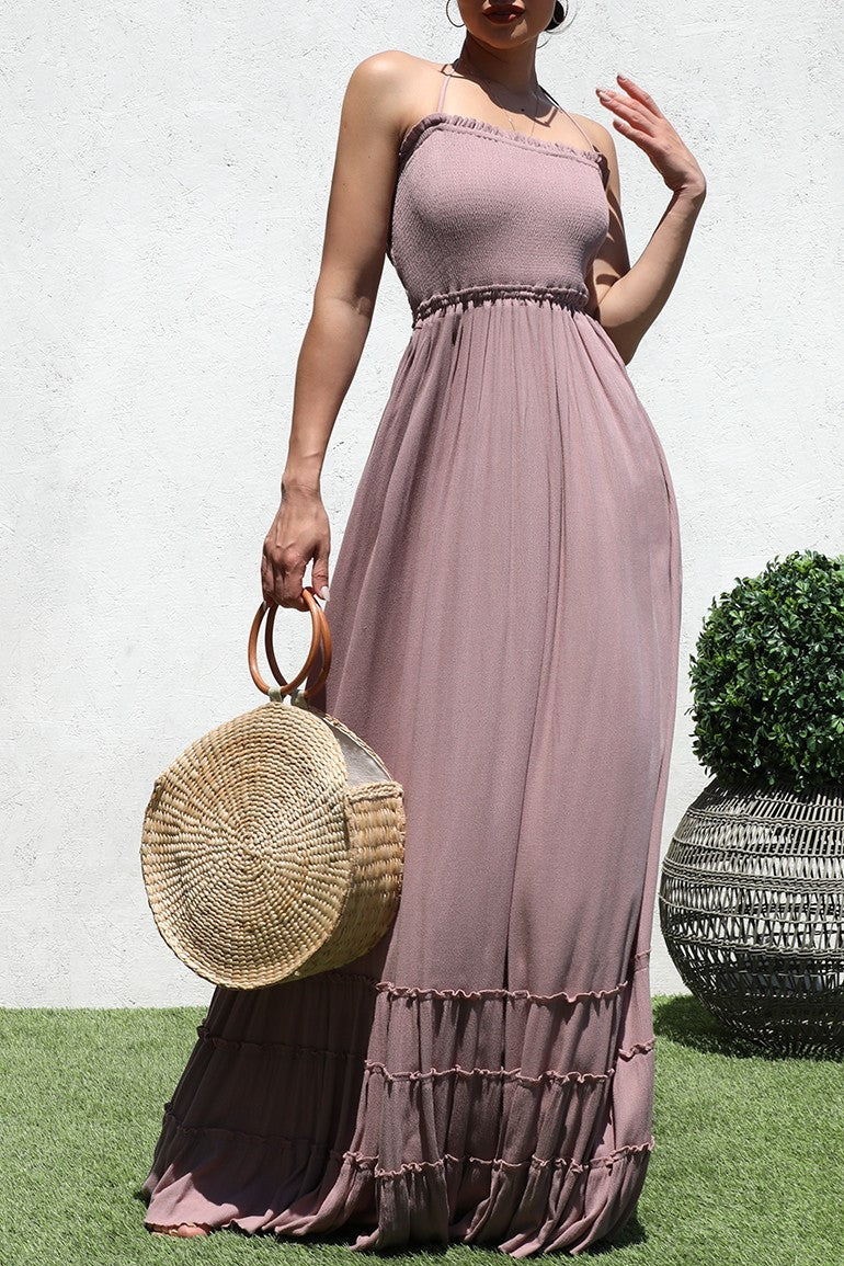 DD4241, SMOCKED WOVEN MAXI DRESS