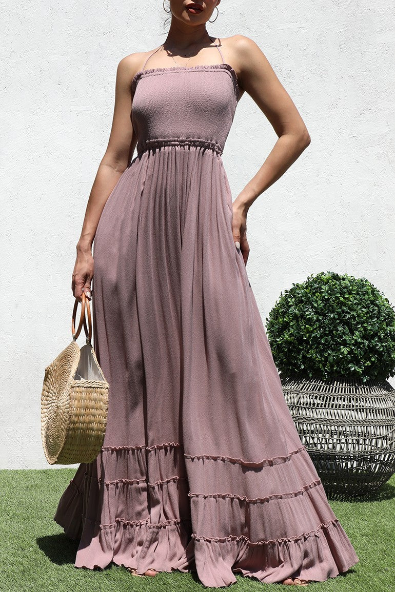 DD4241, SMOCKED WOVEN MAXI DRESS