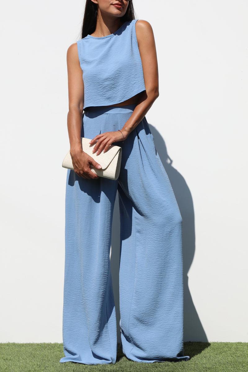DD6244, ROUND NECK WOVEN TOP AND PANTS SET