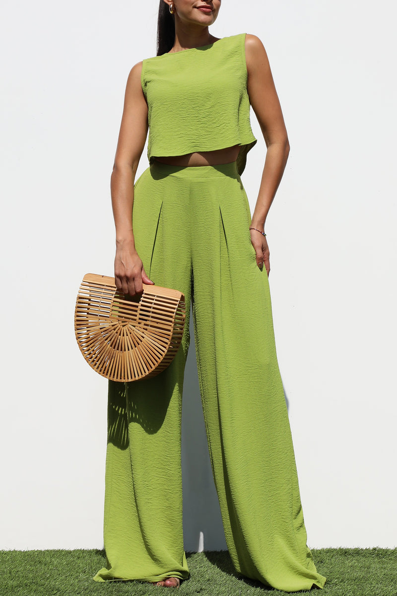 DD6244, ROUND NECK WOVEN TOP AND PANTS SET