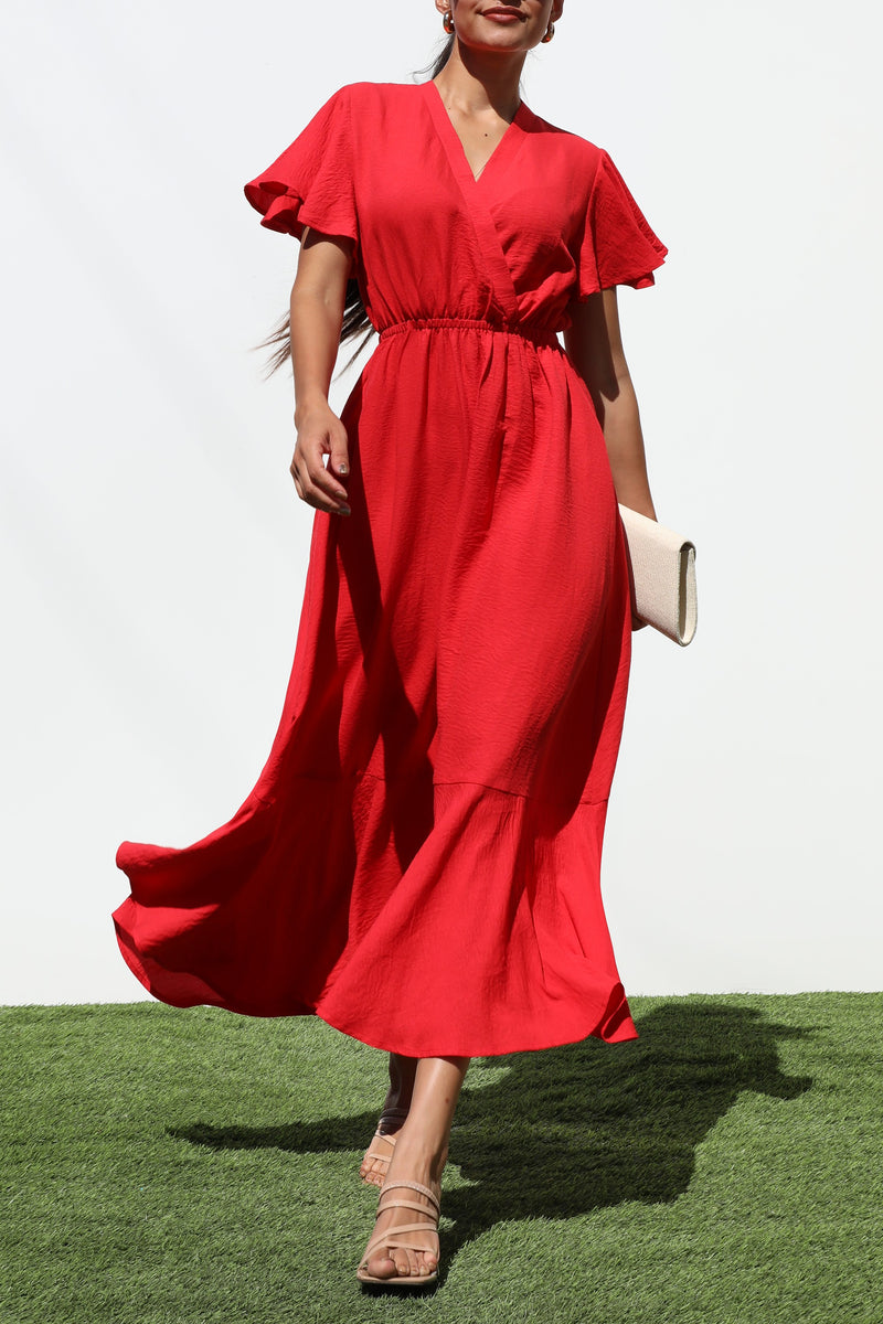 DD7206, V NECK WOVEN MIDI DRESS