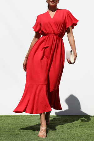 DD7206, V NECK WOVEN MIDI DRESS