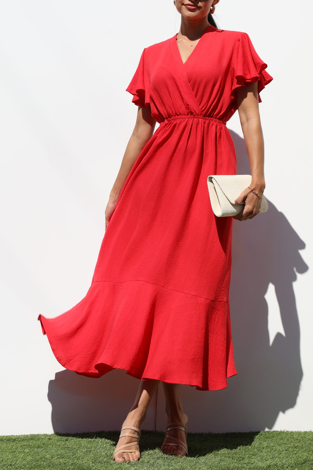DD7206, V NECK WOVEN MIDI DRESS