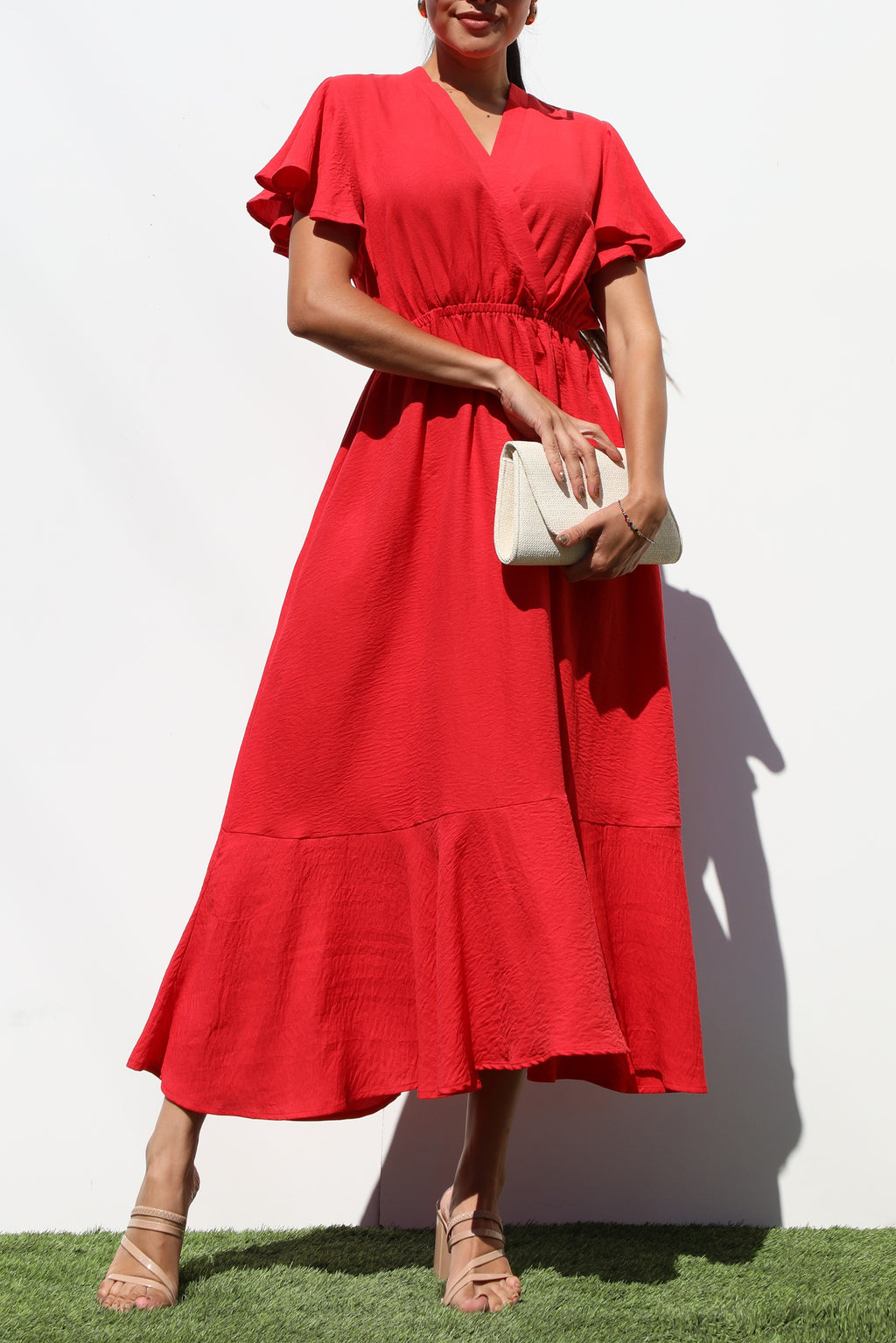 DD7206, V NECK WOVEN MIDI DRESS