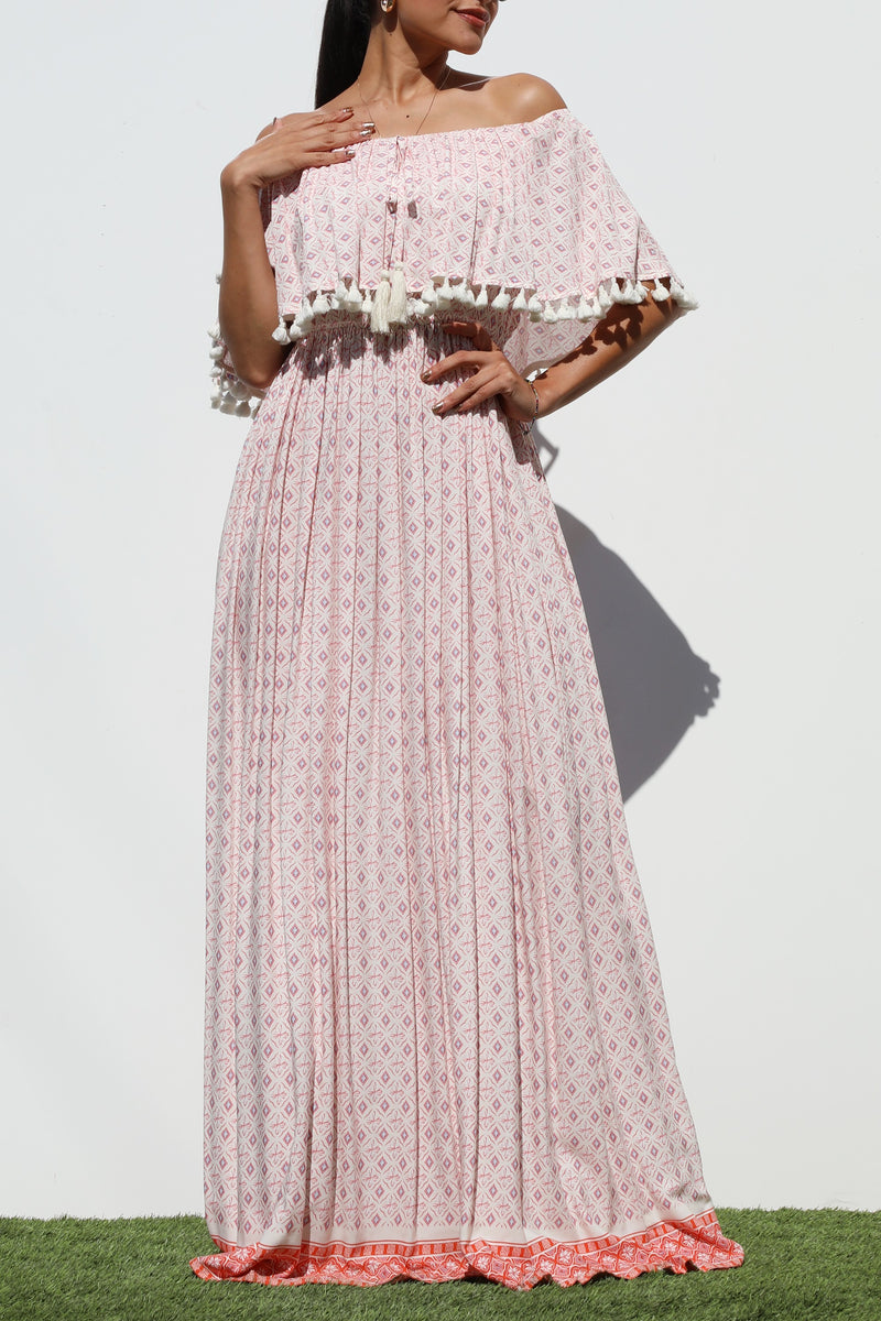 DD3157, PRINTED OFF SHOULDER MAXI DRESS