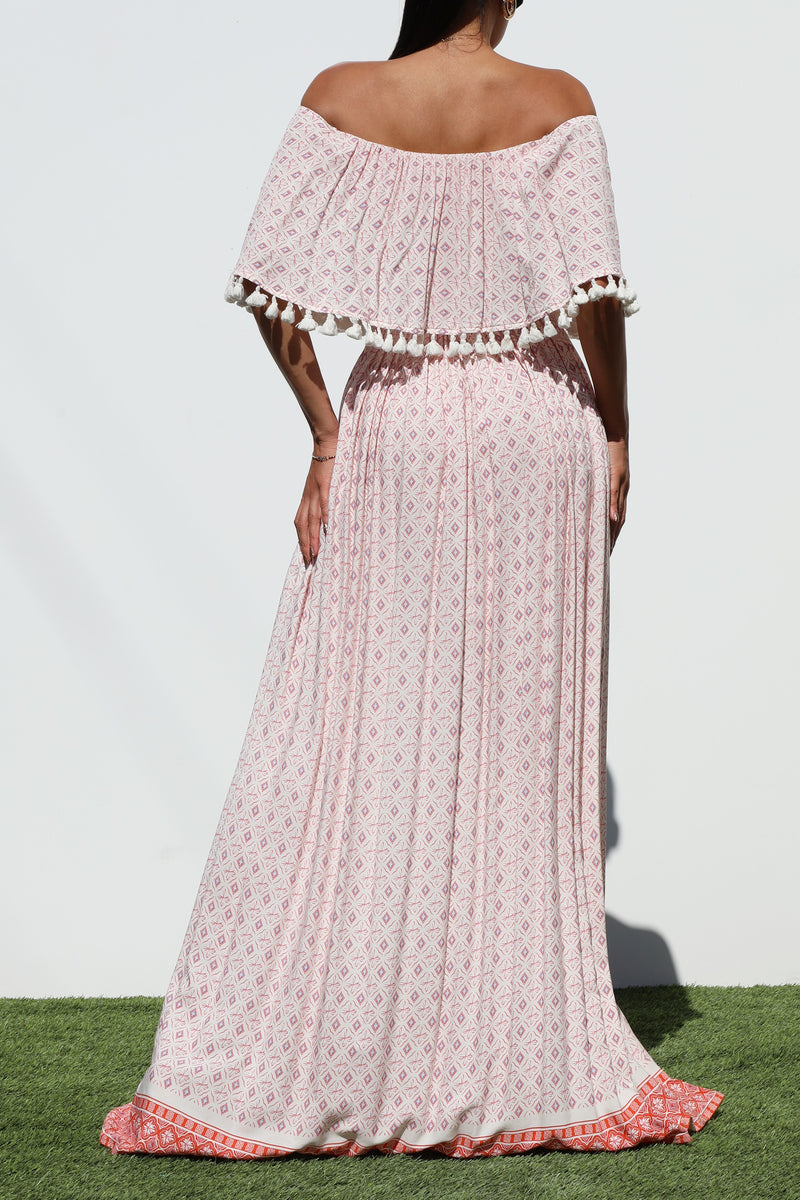 DD3157, PRINTED OFF SHOULDER MAXI DRESS