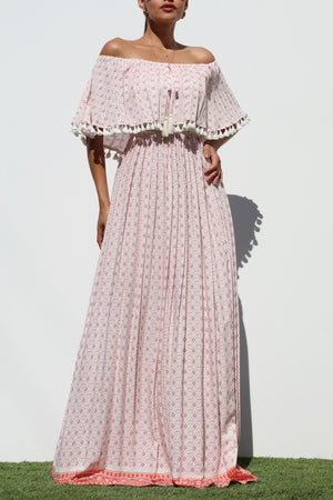 DD3157, PRINTED OFF SHOULDER MAXI DRESS