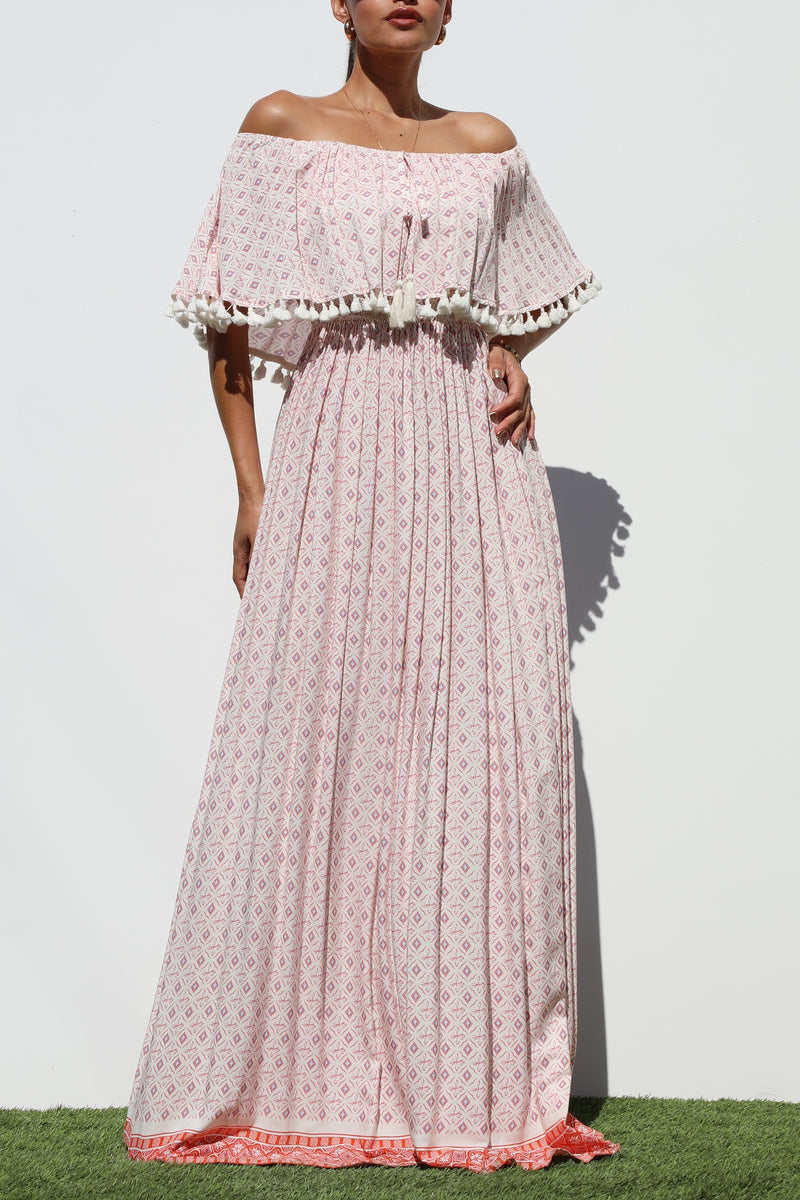 DD3157, PRINTED OFF SHOULDER MAXI DRESS