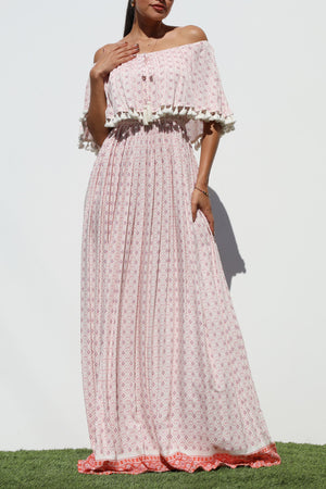 DD3157, PRINTED OFF SHOULDER MAXI DRESS