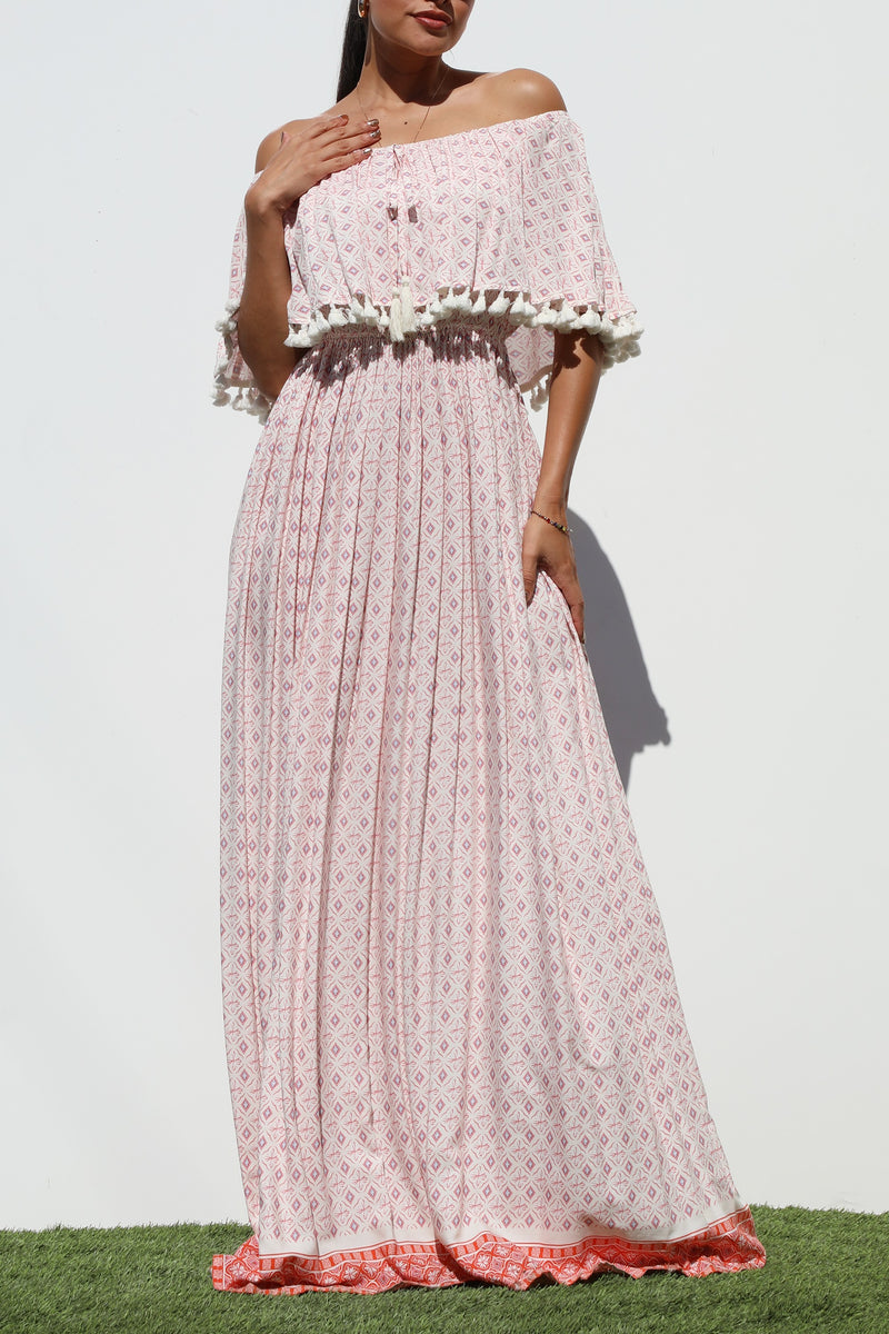 DD3157, PRINTED OFF SHOULDER MAXI DRESS