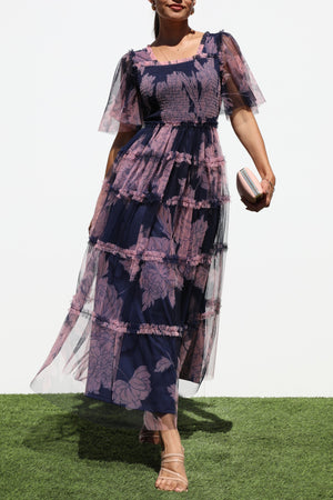 DD6783, SMOCKED TOP MESH RUFFELD MIDI DRESS