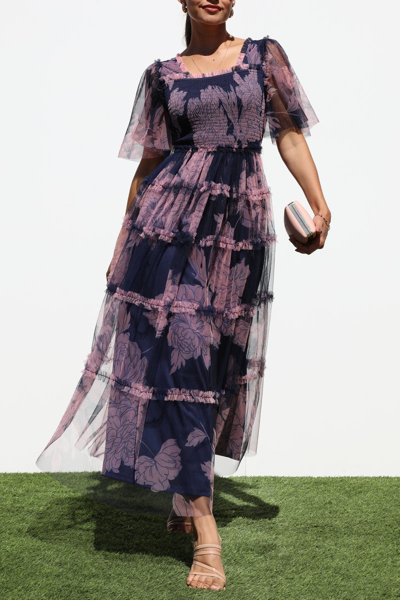 DD6783, SMOCKED TOP MESH RUFFELD MIDI DRESS