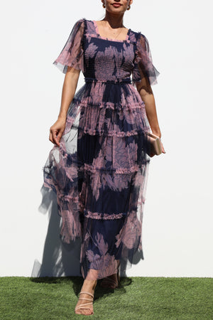 DD6783, SMOCKED TOP MESH RUFFELD MIDI DRESS