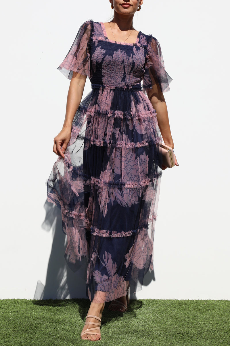 DD6783, SMOCKED TOP MESH RUFFELD MIDI DRESS