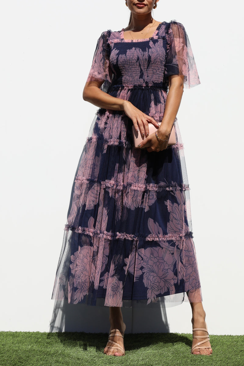 DD6783, SMOCKED TOP MESH RUFFELD MIDI DRESS
