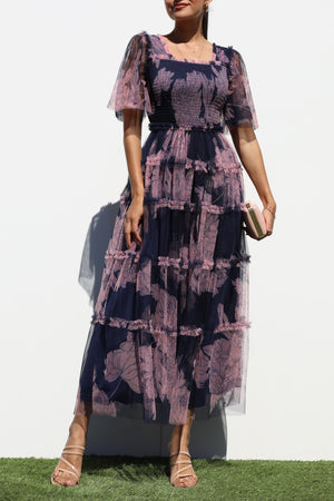 DD6783, SMOCKED TOP MESH RUFFELD MIDI DRESS