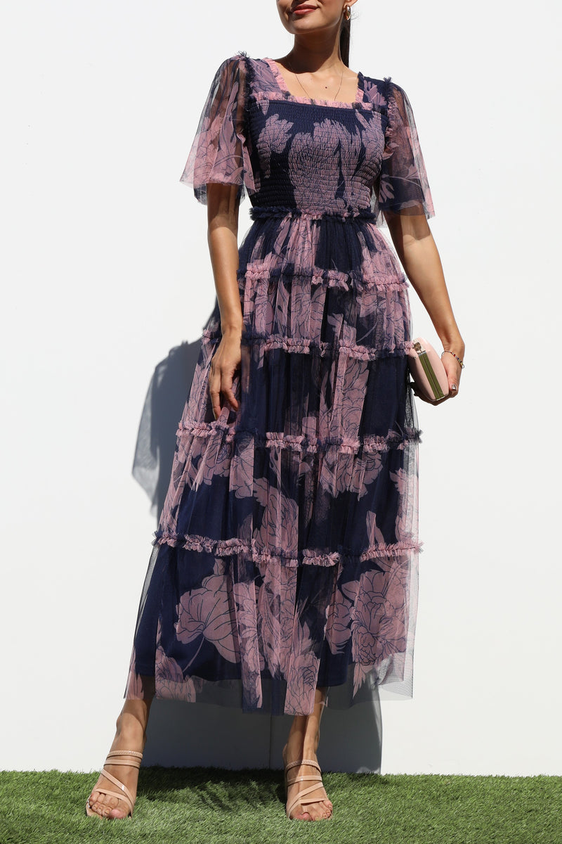 DD6783, SMOCKED TOP MESH RUFFELD MIDI DRESS