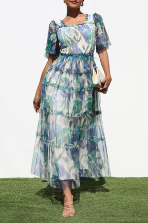 DD6868, SMOCKED TOP MESH RUFFELD MIDI DRESS