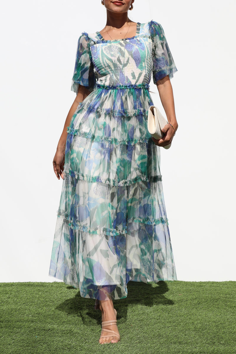DD6868, SMOCKED TOP MESH RUFFELD MIDI DRESS