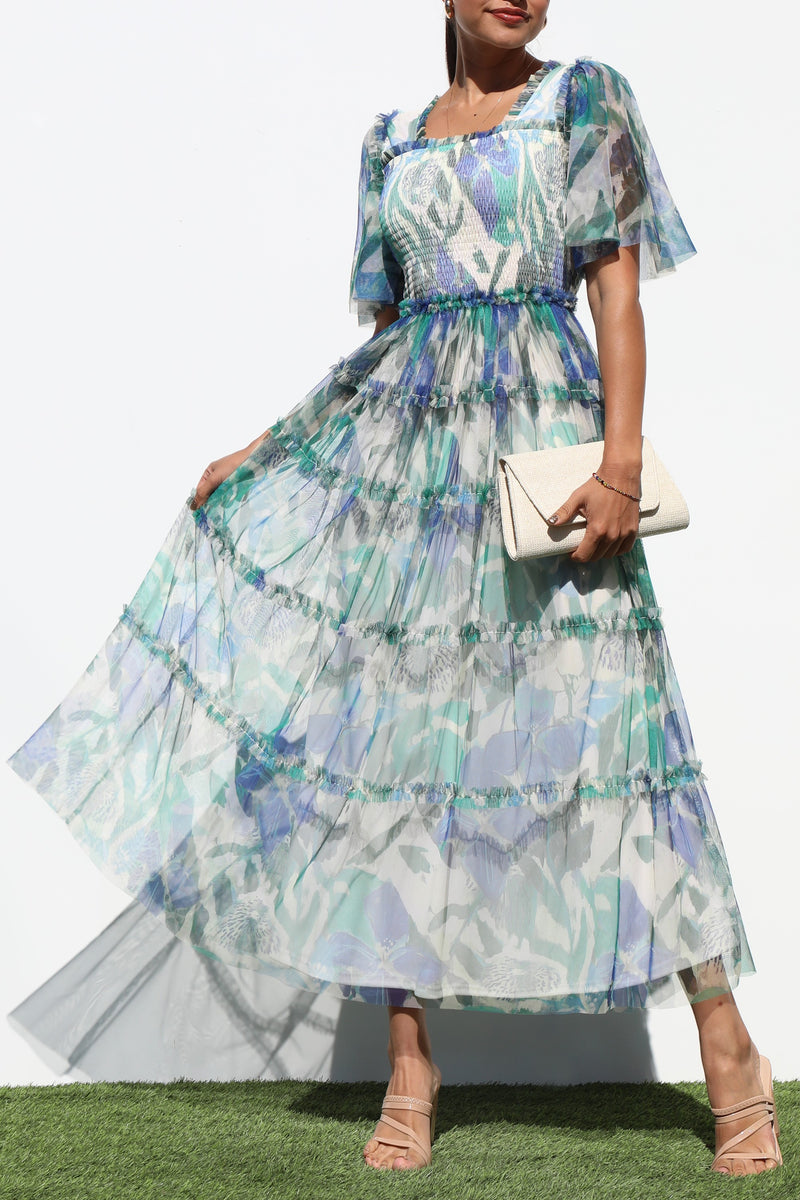 DD6868, SMOCKED TOP MESH RUFFELD MIDI DRESS