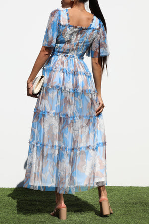 DD6868, SMOCKED TOP MESH RUFFELD MIDI DRESS