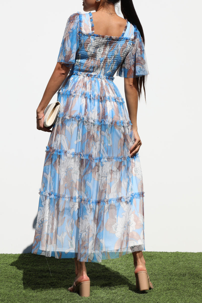DD6868, SMOCKED TOP MESH RUFFELD MIDI DRESS