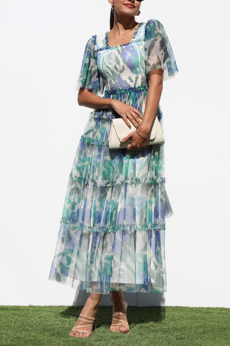 DD6868, SMOCKED TOP MESH RUFFELD MIDI DRESS