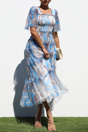 DD6868, SMOCKED TOP MESH RUFFELD MIDI DRESS