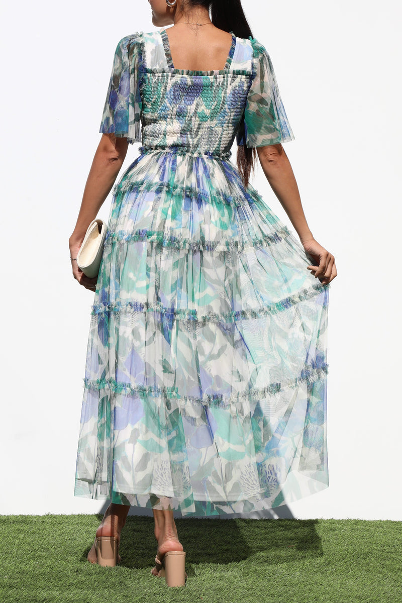 DD6868, SMOCKED TOP MESH RUFFELD MIDI DRESS