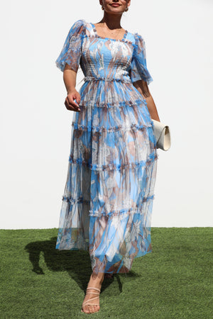 DD6868, SMOCKED TOP MESH RUFFELD MIDI DRESS