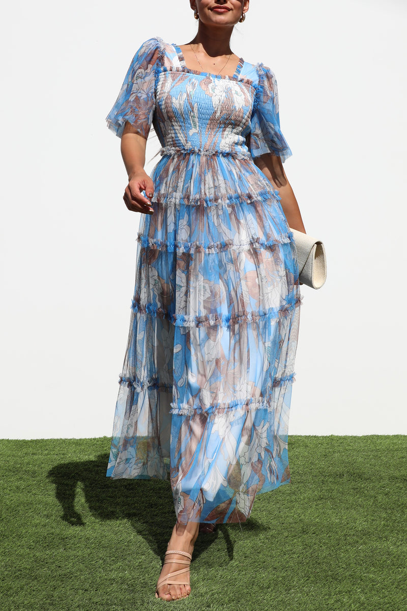 DD6868, SMOCKED TOP MESH RUFFELD MIDI DRESS