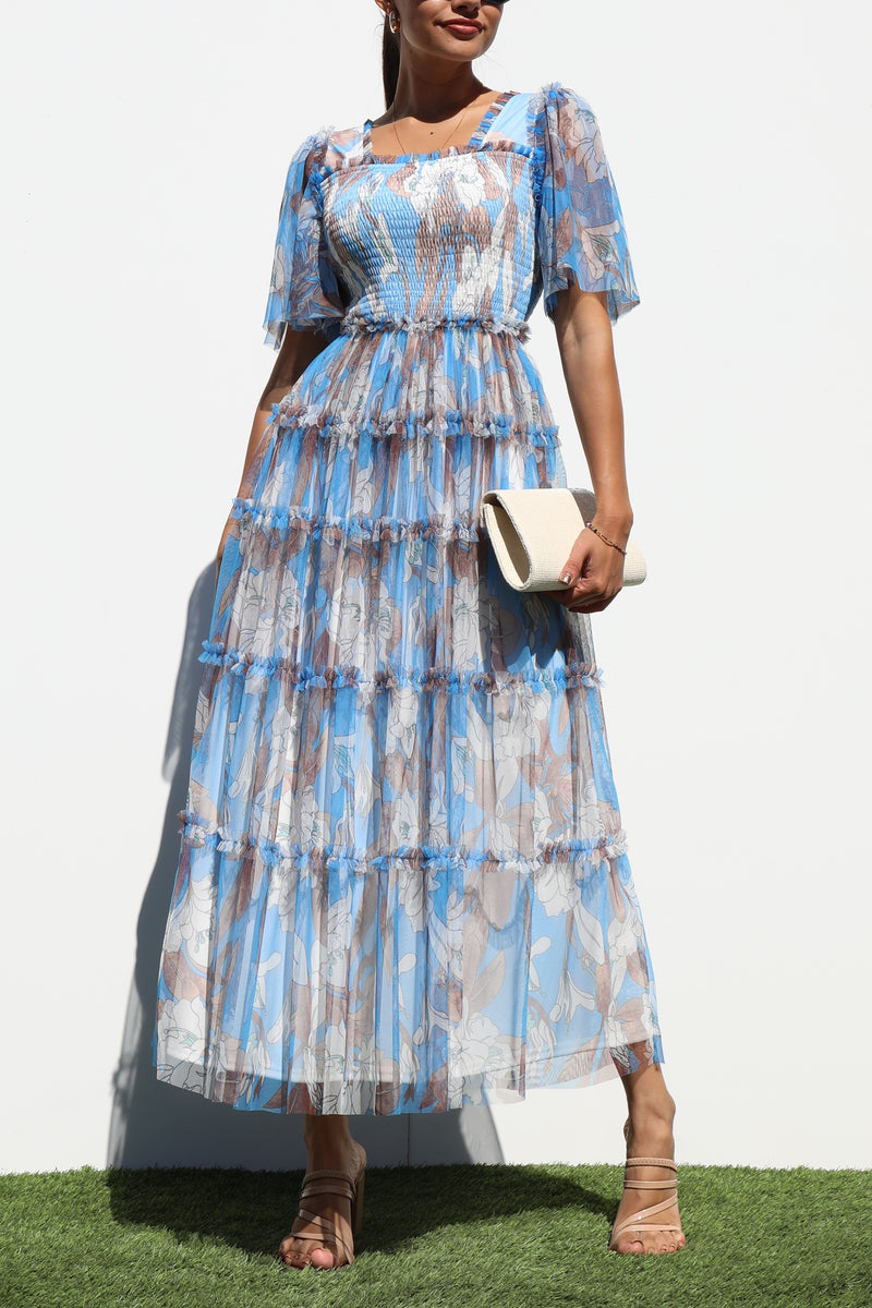 DD6868, SMOCKED TOP MESH RUFFELD MIDI DRESS