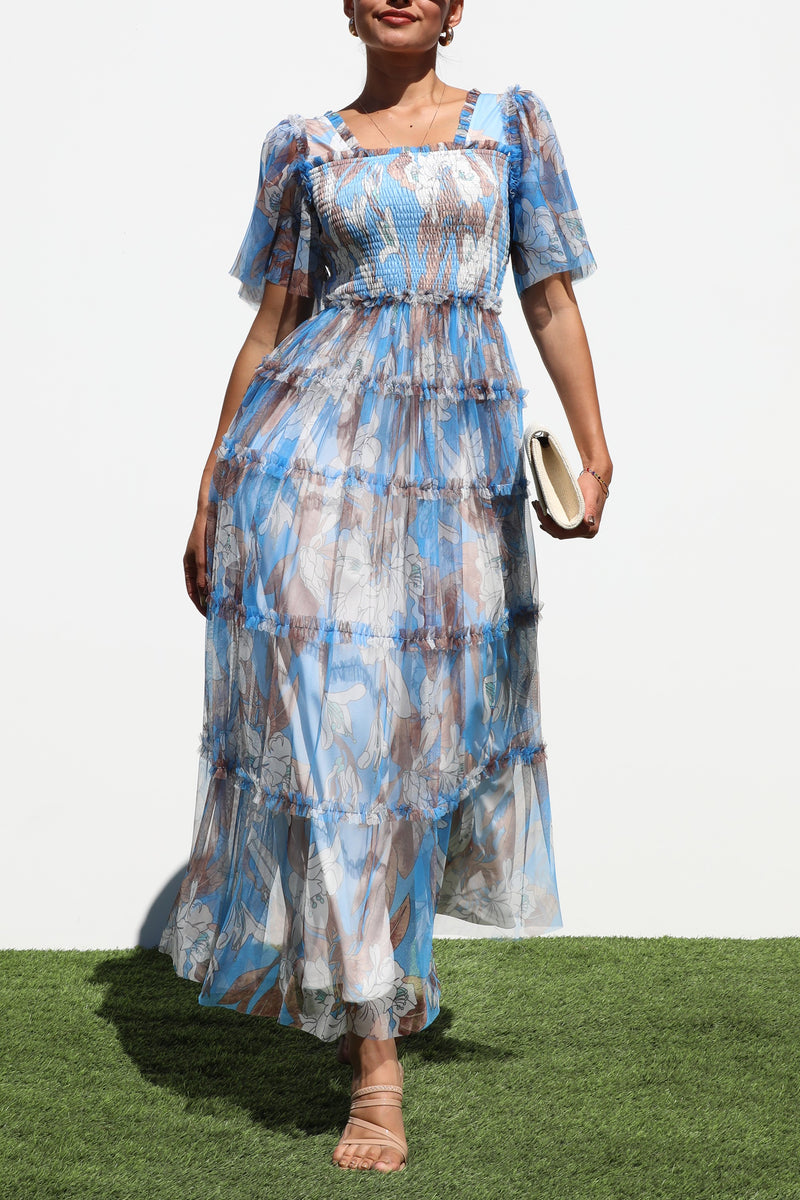 DD6868, SMOCKED TOP MESH RUFFELD MIDI DRESS