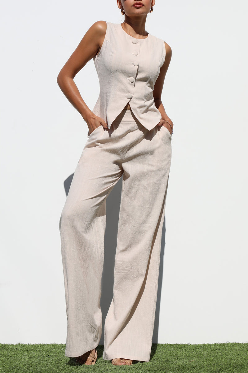 DD6978, BUTTON DOWN WOVEN VEST AND PANTS SET