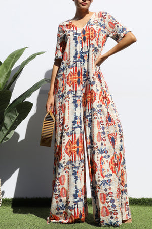 DD7121, LOOSE FIT V NECK WOVEN JUMPSUIT