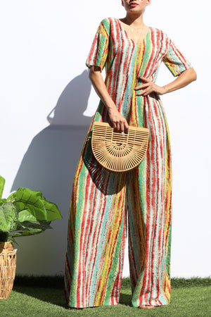 DD7121, LOOSE FIT V NECK WOVEN JUMPSUIT