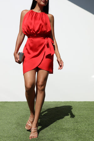 DD7165,  ROUND NECK SATIN WRAP MINI DRESS