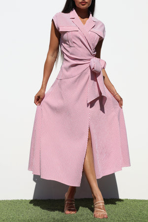 DD6809, STRIPED WRAP WOVEN SHIRT DRESS