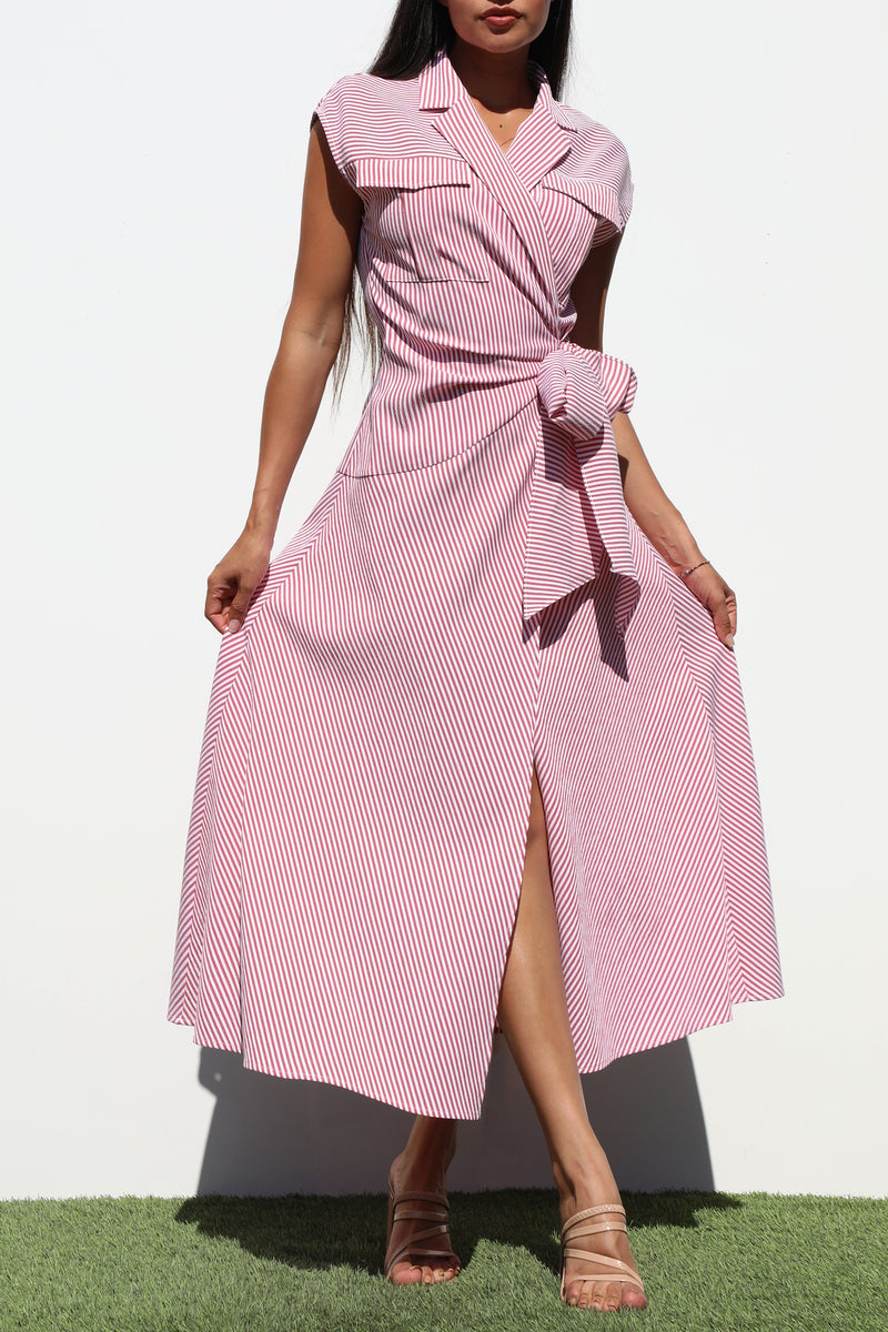 DD6809, STRIPED WRAP WOVEN SHIRT DRESS