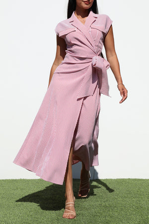 DD6809, STRIPED WRAP WOVEN SHIRT DRESS