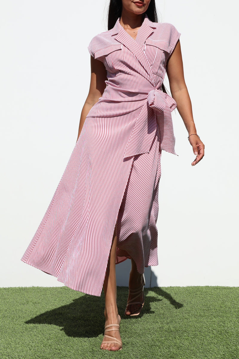 DD6809, STRIPED WRAP WOVEN SHIRT DRESS