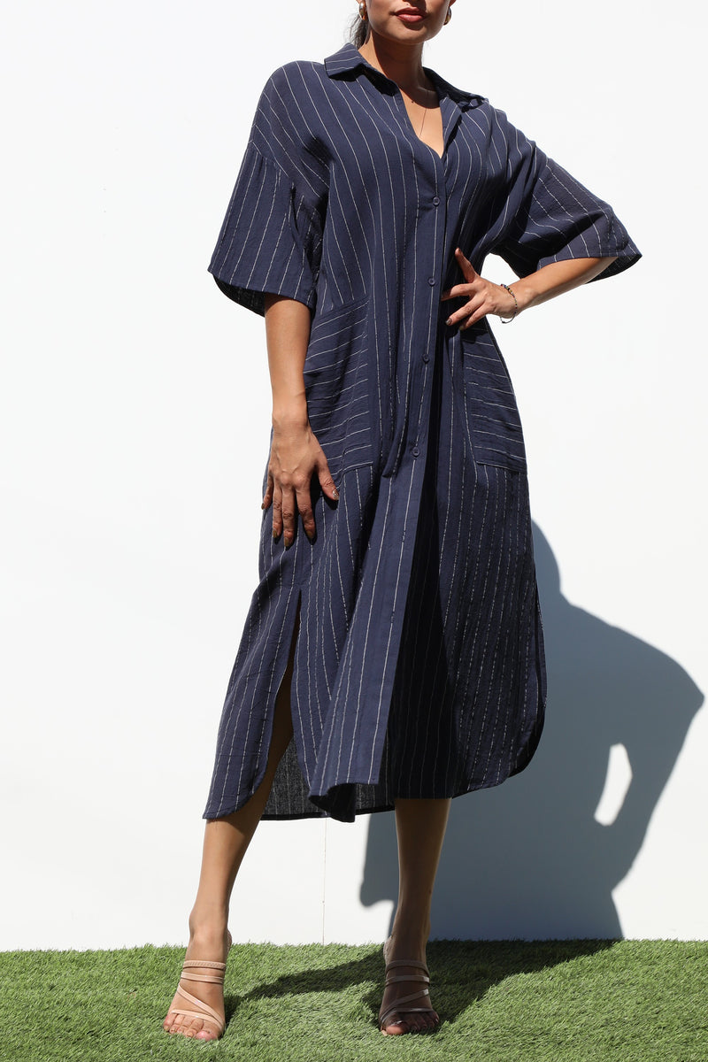 DD4402, STRIPED BUTTON DOWN WOVEN SHIRT DRESS