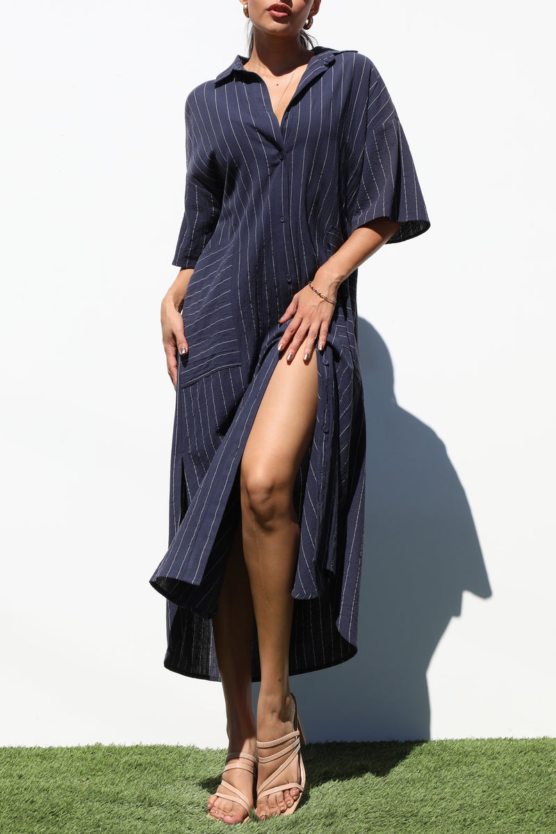 DD4402, STRIPED BUTTON DOWN WOVEN SHIRT DRESS
