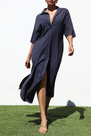 DD4402, STRIPED BUTTON DOWN WOVEN SHIRT DRESS