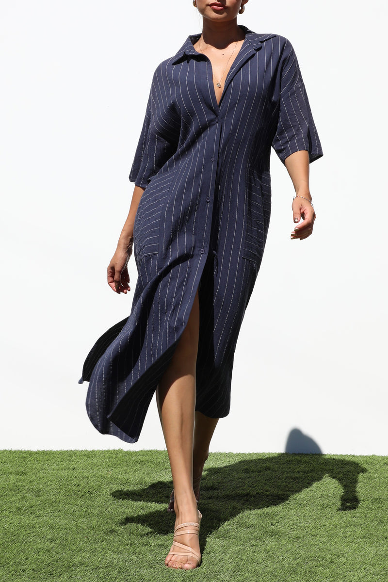 DD4402, STRIPED BUTTON DOWN WOVEN SHIRT DRESS
