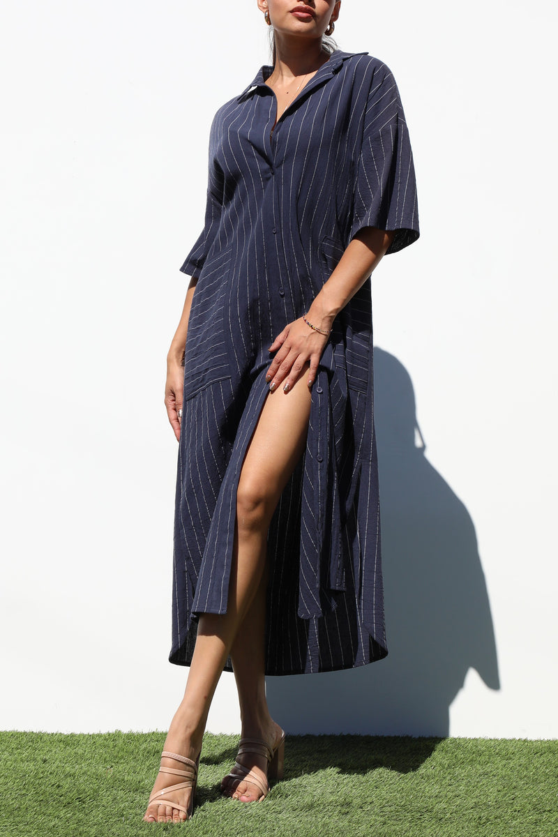 DD4402, STRIPED BUTTON DOWN WOVEN SHIRT DRESS