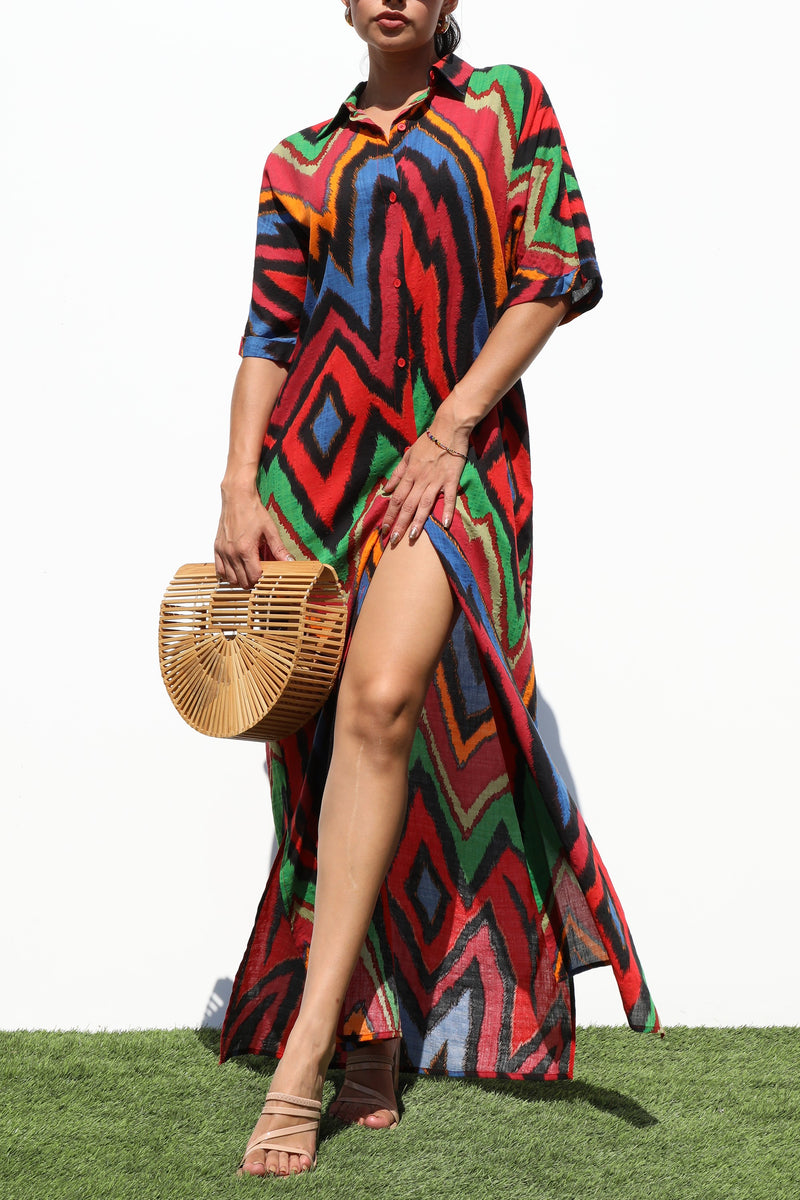 DD7126, STRIPED BUTTON DOWN WOVEN SHIRT DRESS