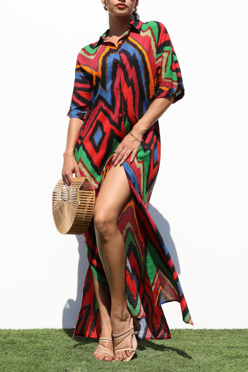 DD7126, STRIPED BUTTON DOWN WOVEN SHIRT DRESS
